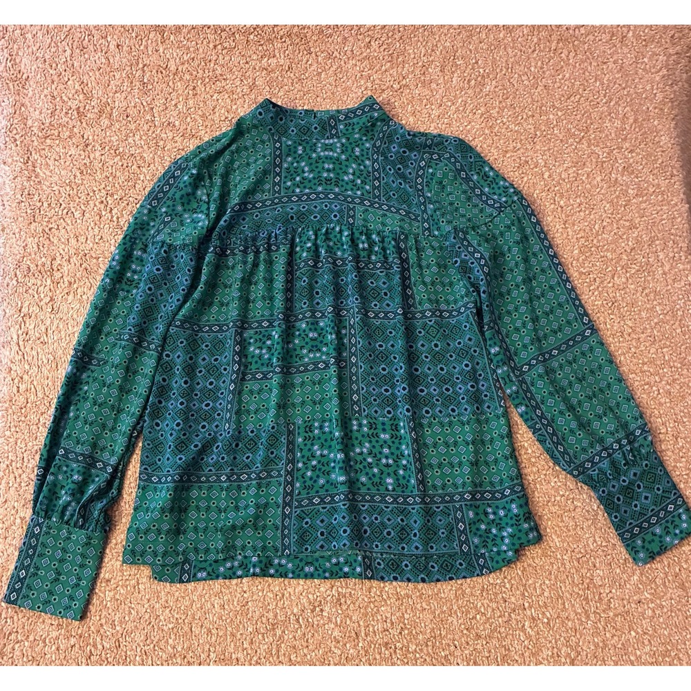 LOFT High Neck Bandana Print Blouse Kelly Green Blue Geo Women's Small